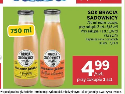 Sok Bracia Sadownicy tłoczone jabłko słodkie odmiany promocja w Stokrotka