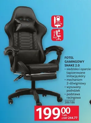 Fotel gamingowy Snake 2.0 siedzisko i oparcie tapicerowane imitacją skóry mechanizm 2-dźwigniowy wysuwany podnóżek podstawa racingowa promocja w Selgros