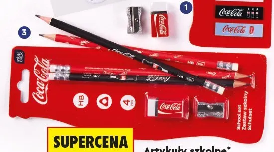 Zestaw szkolny ołówki gumka temperówka Coca-Cola Interdruk promocja w Biedronka