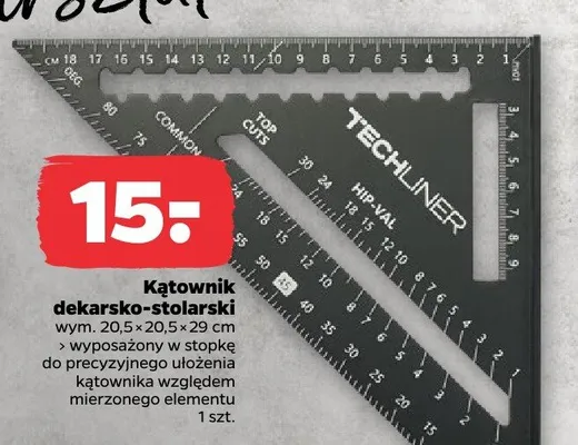 Kątownik dekarsko-stolarski wym. 20,5×20,5×29cm wyposażony w stopkę do precyzyjnego ułożenia kątownika względem mierzonego elementu promocja w Netto
