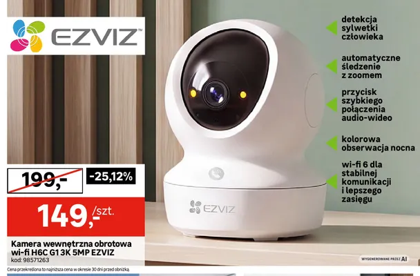 Kamera wewnętrzna obrotowa wi-fi H6C G1 3K 5MP Ezviz promocja w Leroy Merlin