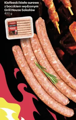 Kiełbaski białe surowe z boczkiem wędzonym Sokołów Grill House promocja w Delikatesy Centrum