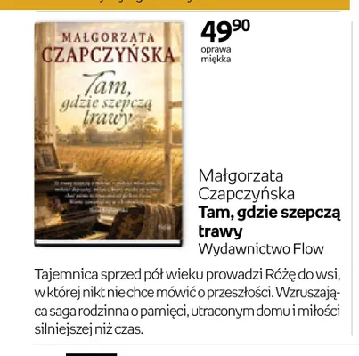 Książka Tam, gdzie szepczą trawy Małgorzata Czapczyńska promocja w Empik