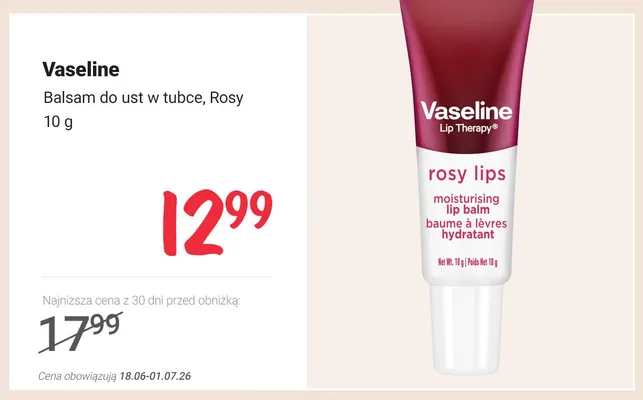 Balsam do ust w tubce Vaseline Rosy promocja w Rossmann