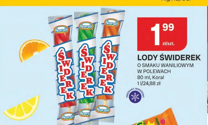 Lody Świderek Koral o smaku waniliowym w polewach promocja w Chorten
