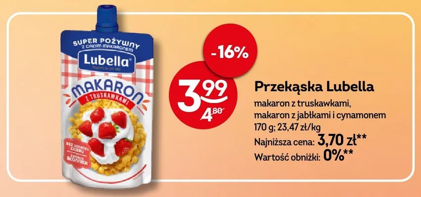 Przekąska Lubella makaron z truskawkami promocja w Żabka