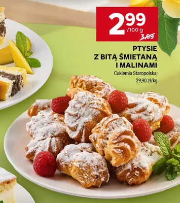 Ptysie z bitą śmietaną i malinami Cukiernia Staropolska promocja w Stokrotka