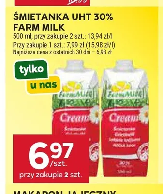 Śmietanka UHT 30% Farm Milk promocja w Stokrotka