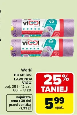 Worki na śmieci LAWENDA VIGOL poj. 35 l - 12 szt., 60 l - 8 szt. promocja w Carrefour