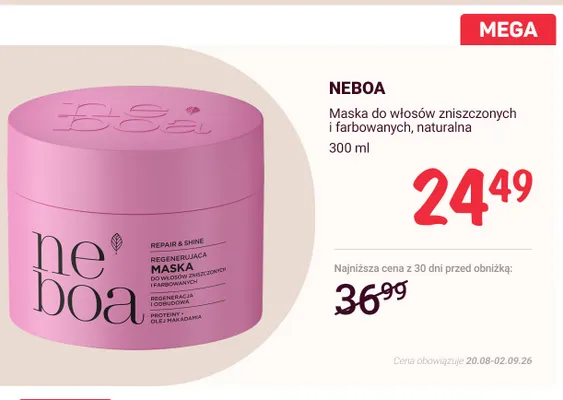 Maska do włosów zniszczonych i farbowanych naturalna Neboa promocja w Rossmann