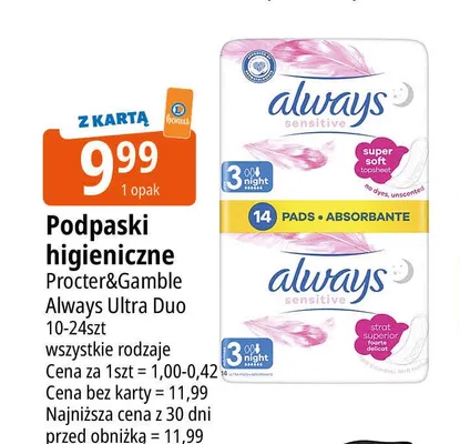 Podpaski higieniczne Always Ultra Duo Sensitive Night promocja w Leclerc