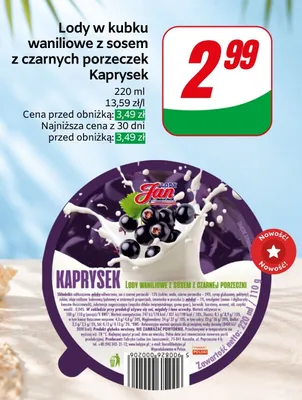 Lody waniliowe z sosem z czarnych porzeczek Kaprysek Lody Jan promocja w Dino