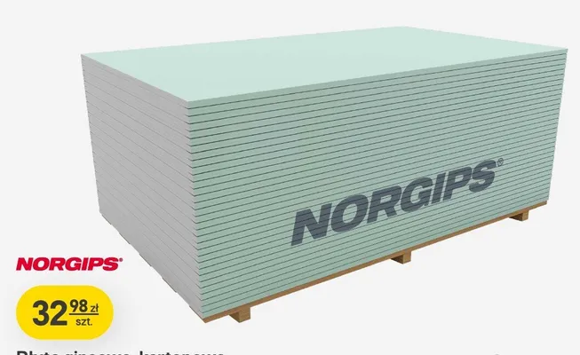 Płyta gipsowo-kartonowa impregnowana GKBI typ H2 NORGIPS 12,5x1200x2000mm promocja w Castorama