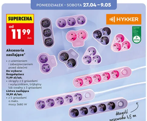 Rozgałęziacz Hykker trójkątny z 3 gniazdami z uziemieniem promocja w Biedronka