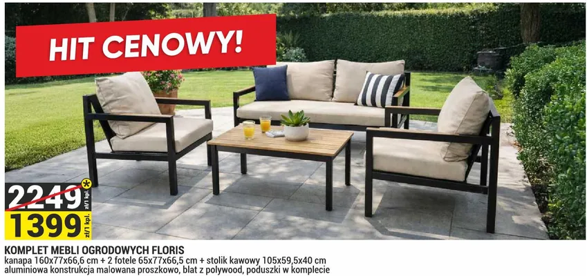 Komplet mebli ogrodowych Floris kanapa 160x77x66,6cm + 2 fotele 65x77x66,5cm + stolik kawowy 105x59,5x40cm aluminiowa konstrukcja malowana proszkowo blat z polywood poduszki w komplecie promocja w Merkury Market