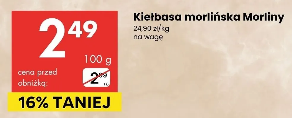 Kiełbasa morlińska na wagę promocja w Delikatesy Centrum