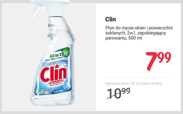 Płyn do mycia okien i powierzchni szklanych 2w1 zapobiegający parowaniu Clin promocja w Rossmann