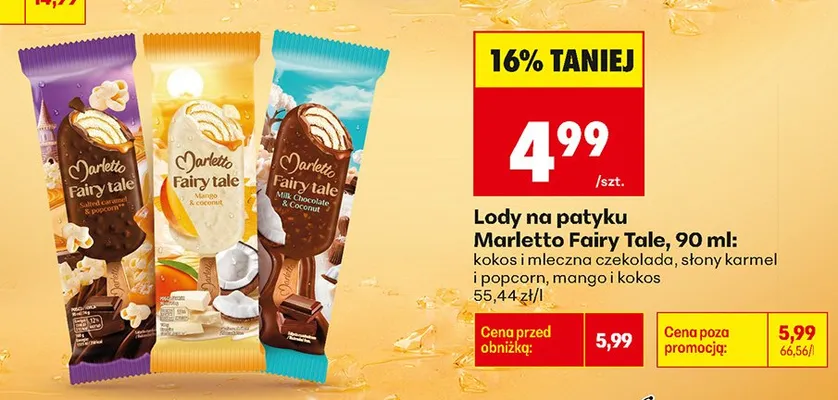Lody na patyku słony karmel i popcorn Marletto Fairy Tale promocja w Biedronka