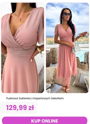 Sukienka pudrowa z kopertowym dekoltem ModnaKiecka.pl promocja w Modna Kiecka