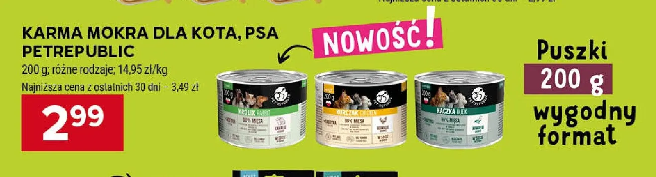 Karma mokra dla kota, psa kaczka PetRepublic promocja w Stokrotka