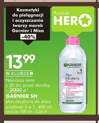 Płyn micelarny do skóry wrażliwej 3 w 1 Garnier Skin Naturals promocja w Super-Pharm