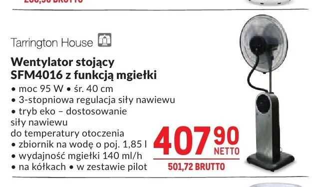 Wentylator stojący Tarrington House SFM4016 z funkcją mgiełki moc 95W śr. 40cm promocja w Makro