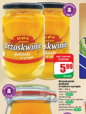 Brzoskwinie połówki w lekkim syropie promocja w Dino