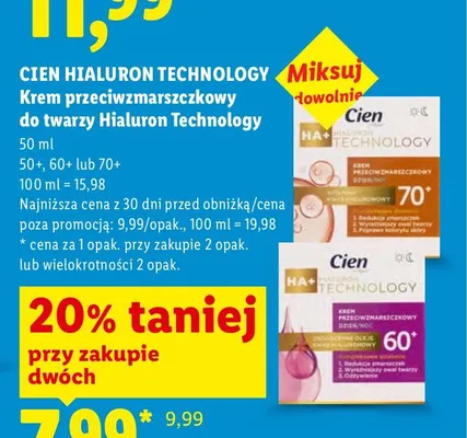 Krem przeciwzmarszczkowy do twarzy Cien Hialuron Technology 50+ promocja w Lidl