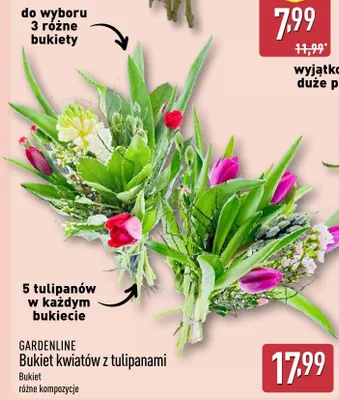 Bukiet kwiatów z tulipanami różne kompozycje promocja w Aldi