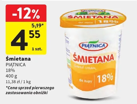 Śmietana 18% promocja w Intermarche
