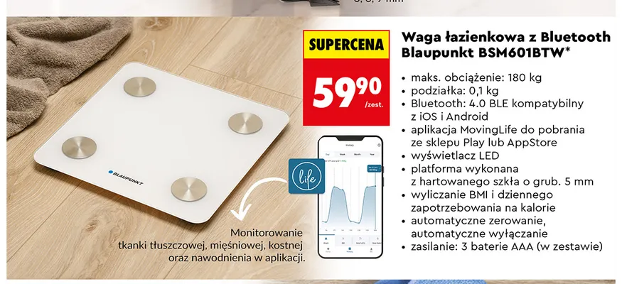 Waga łazienkowa z Bluetooth Blaupunkt BSM601BTW promocja w Biedronka