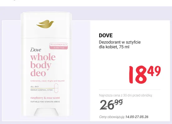 Dezodorant w sztyfcie dla kobiet DOVE promocja w Rossmann