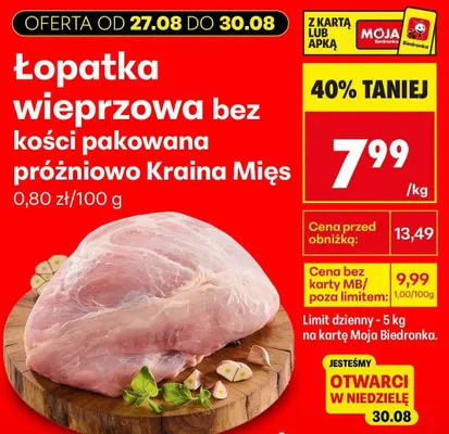 Łopatka wieprzowa bez kości pakowana próżniowo Kraina Mięs promocja w Biedronka