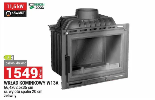 Wkład kominkowy Kawmet W13A 66,4x62,5x35cm śr. wylotu spalin 20cm żeliwny 11,5kW promocja w Merkury Market