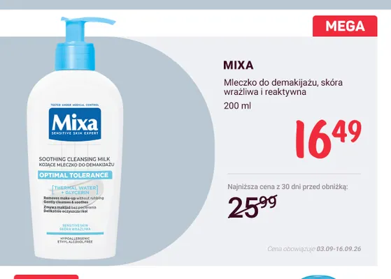 Mleczko do demakijażu skóra wrażliwa i reaktywna Mixa promocja w Rossmann