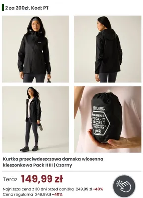 Kurtka przeciwdeszczowa damska wiosenna kieszonkowa Regatta Great Outdoors Pack It III Czarny promocja w Regatta