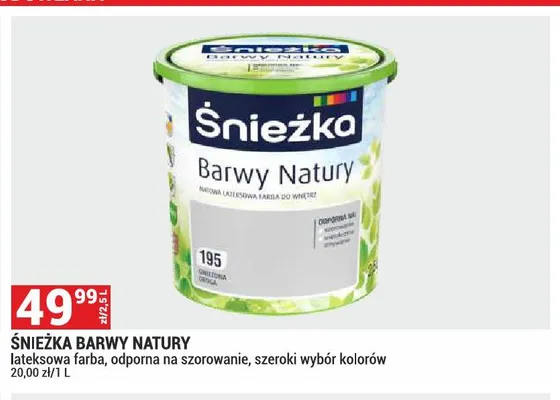 Farba lateksowa Śnieżka Barwy Natury odporna na szorowanie promocja w Merkury Market