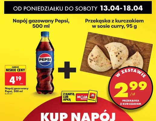 Zestaw: napój gazowany Pepsi 500 ml + przekąska z kurczakiem w sosie curry promocja w Biedronka