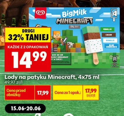Lody na patyku Big Milk Minecraft 4-pak promocja w Biedronka