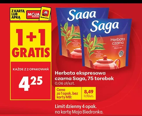 Herbata ekspresowa czarna Saga promocja w Biedronka