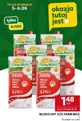 Mleko UHT 3,2% Farm Milk promocja w Stokrotka