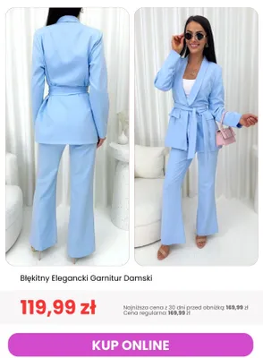 Garnitur damski błękitny elegancki ModnaKiecka.pl promocja w Modna Kiecka