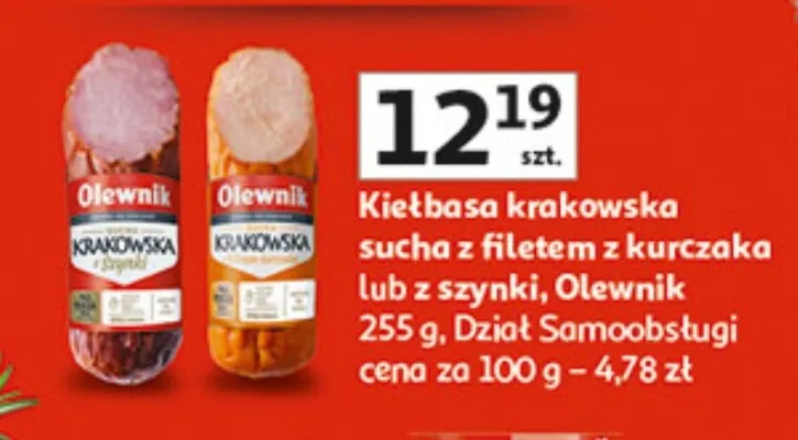 Kiełbasa krakowska sucha z filetem z kurczaka lub z szynki, Dział Samoobsługi promocja w Auchan