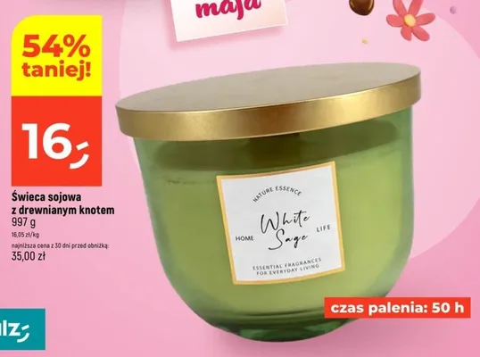 Świeca sojowa z drewnianym knotem Nature Essence White Sage 997g 50h promocja w Dealz