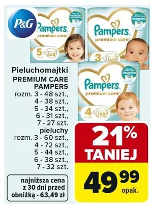 Pieluchomajki Premium Care Pampers rozm. 3-48 szt., rozm. 4-37 szt., 5-34 szt., 6-31 szt., 7-27 szt. pieluszki rozm. 3-60 szt., 4-73 szt., 5-44 szt., 6-48 szt., 7-32 szt. promocja w Carrefour