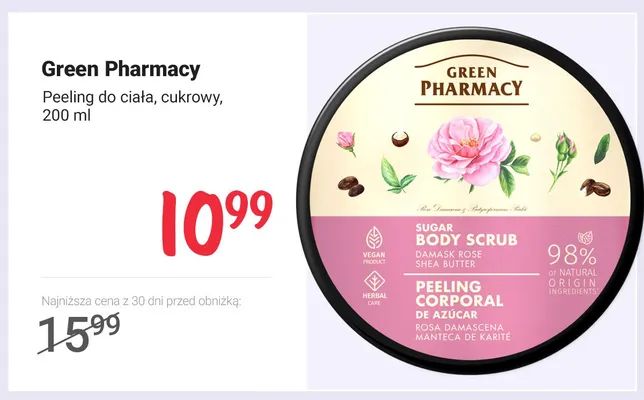 Peeling do ciała cukrowy Green Pharmacy Róża Damasceńska Masło Shea promocja w Rossmann