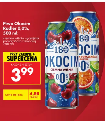 Piwo bezalkoholowe Okocim Radler ciemna wiśnia promocja w Biedronka