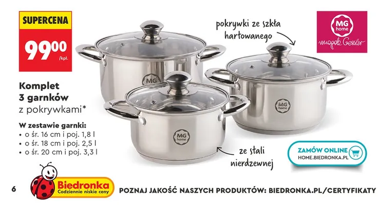 Komplet 3 garnków z pokrywkami MG Home Magda Gessler promocja w Biedronka