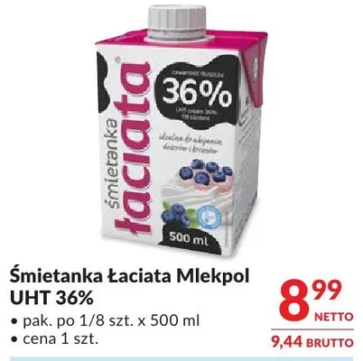 Śmietanka Łaciata Mlekpol UHT 36% promocja w Makro