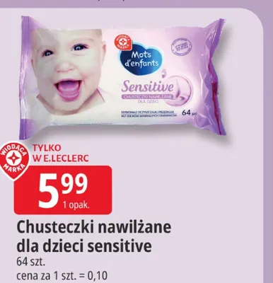 Chusteczki nawilżane dla dzieci sensitive Mots d'enfants promocja w Leclerc